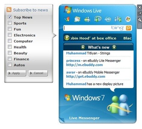 Windows Live Online Services Sidebar Gadget