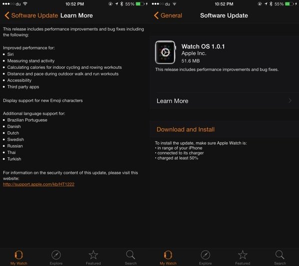 WatchOS 1 0 1 Released by Apple With Performance and Security Improvements
