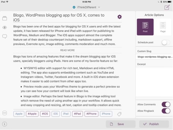 Blogo WordPress blogging app on iPad