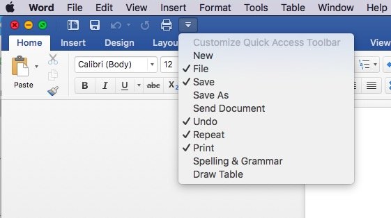 Quick access toolbar customization in Office for Mac