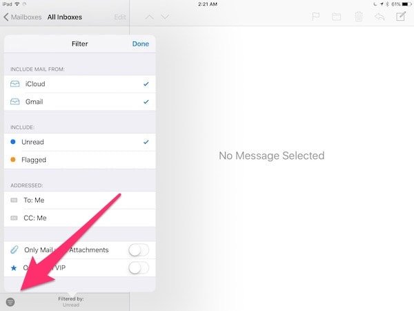 iOS 10 Mail app filter button