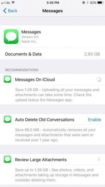 Messages iPhone Storage in iOS 11