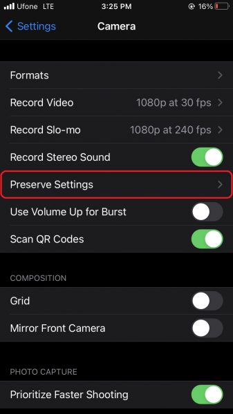 How to set iPhone camera to open in last used mode