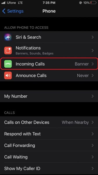 How to change call notification back to full screen on iPhone