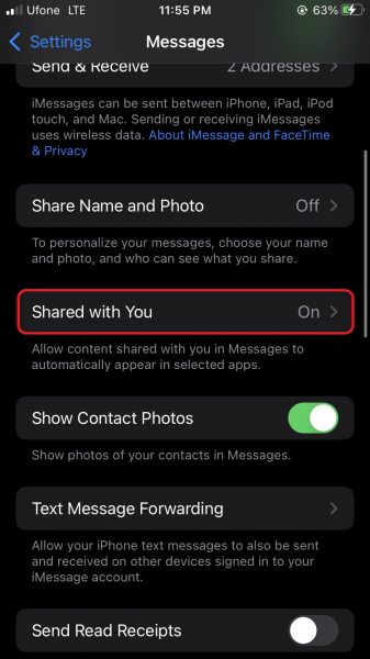 how to stop photos from Messages appearing in Shared with You in iOS 15