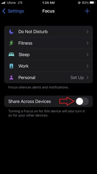 How to disable Focus Sharing across Apple devices from iPhone