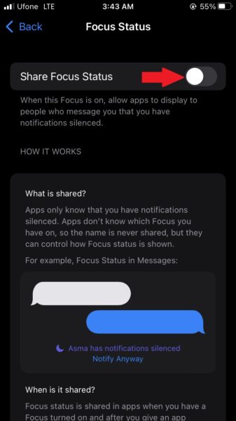 How to stop Messages from sharing your Focus Status on iOS