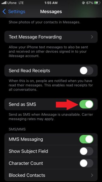 how to automatically send text messages instead of iMessages on iPhone