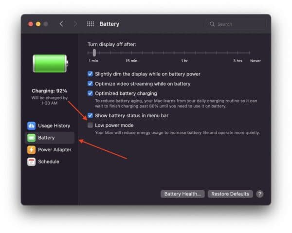 macOS System Preferences - Battery - Low Power Mode