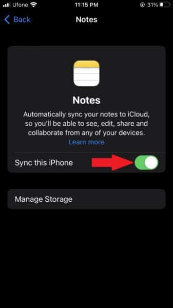 how to stop Notes from syncing to iCloud on iPhone