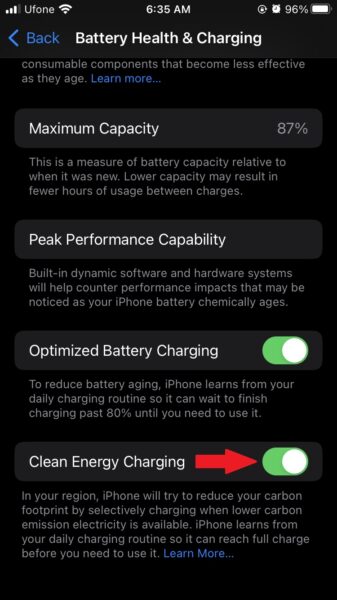 How to disable Clean Energy Charging on iPhone