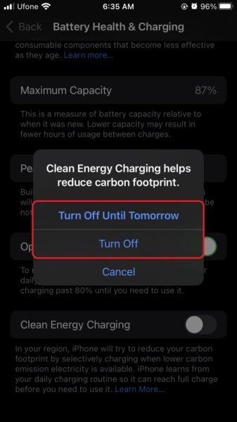 How to disable Clean Energy Charging on iPhone