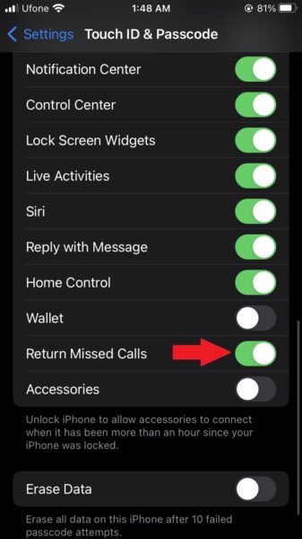 how to disable Lock Screen missed call return on iPhone