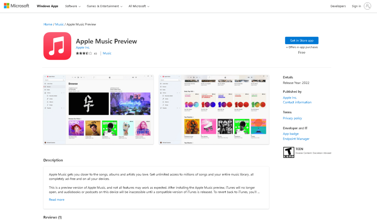 Apple Music on Microsoft Store