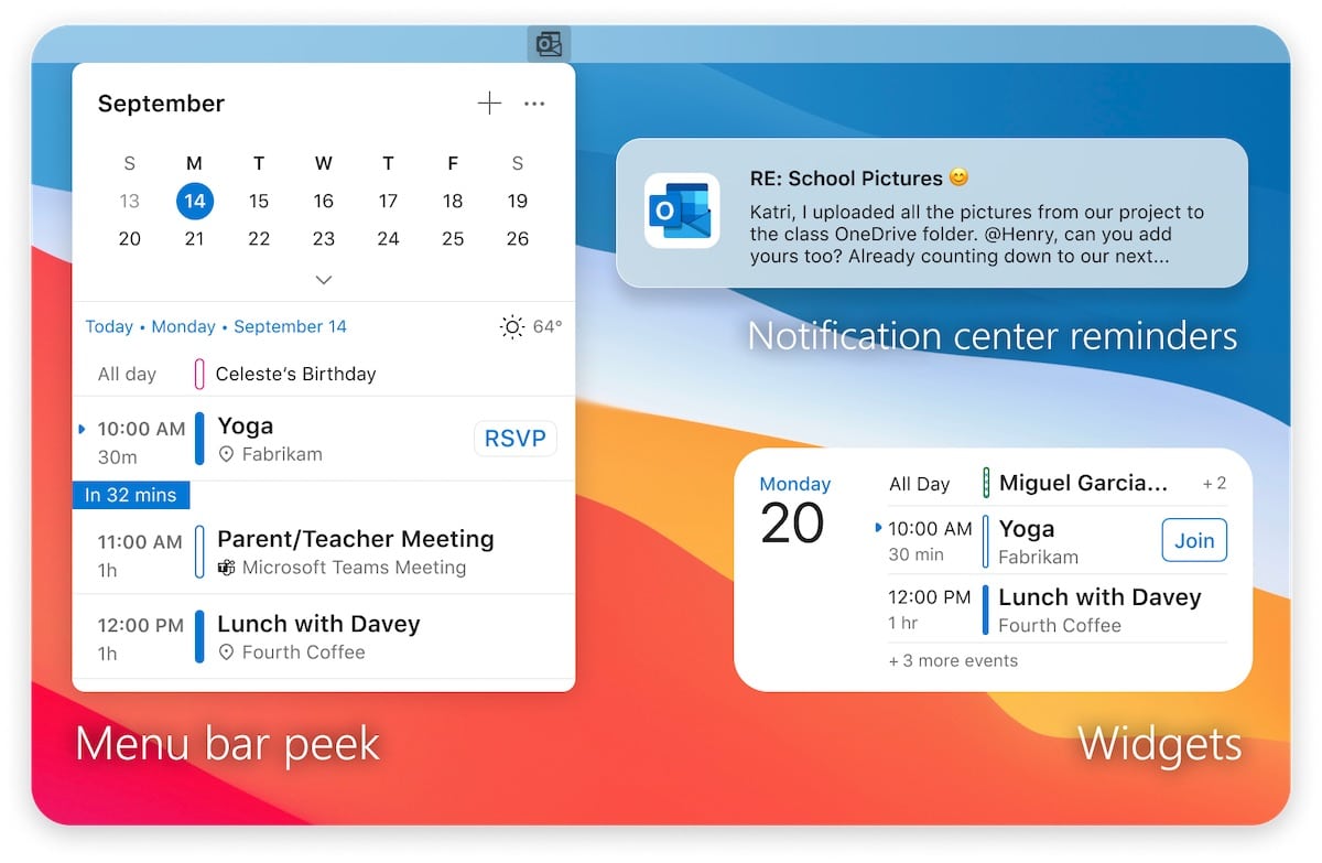 Outlook for Mac widgets menu bar peek