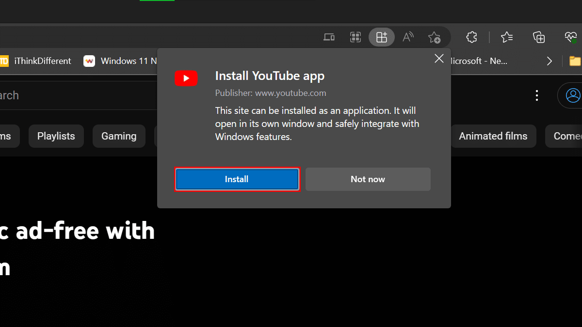 How to install YouTube web app on Windows 10 or Windows 11 3