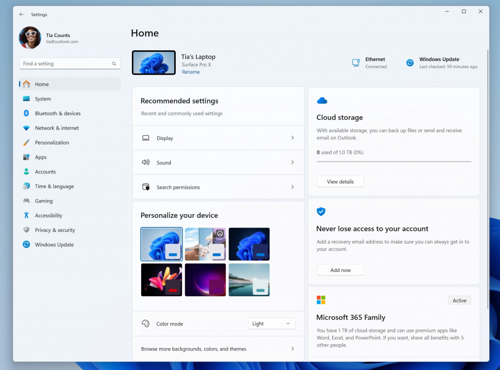 Microsoft updates Windows 11 Settings app with a new "Home" page with interactive cards