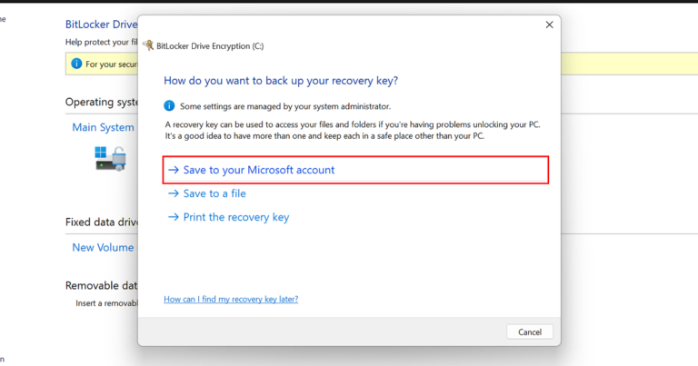 How to backup BitLocker recovery key to Microsoft account in Windows 11