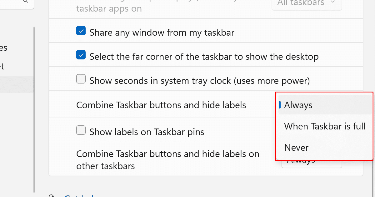 How to enable new _Combine taskbar buttons and hide labels_ feature in Windows 11
