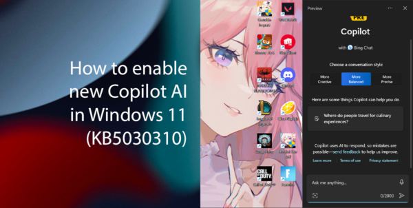 How to enable new Copilot AI in Windows 11 (KB5030310)