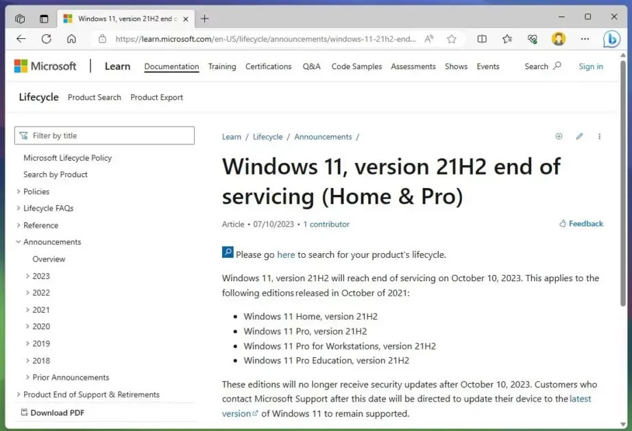 Windows 11 version 21H2 reaches the end of support next month