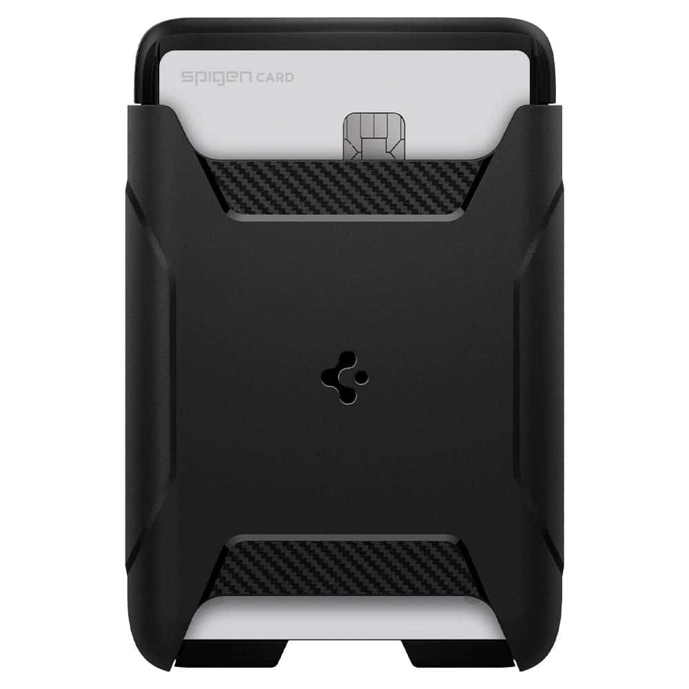 The Spigen (MagFit) Rugged Armor Magnetic Wallet Card Holder Designed for MagSafe is a durable and stylish way to carry your cards and cash while protecting your MagSafe-compatible iPhone. It is made of a rugged polycarbonate material with a carbon fiber texture, and it has a strong magnetic backing that attaches securely to your iPhone.