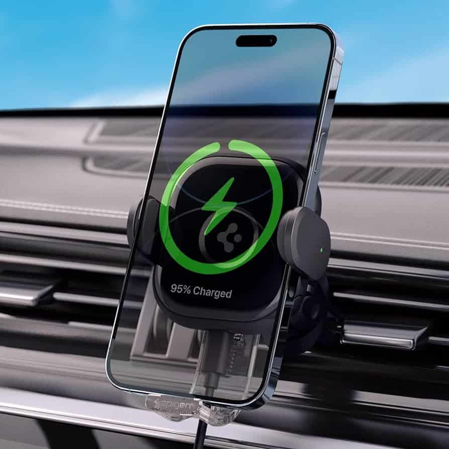 Spigen OneTap Universal Wireless Car Charger Mount, 15W Fast Charging Auto-Clamp for Air Vent, Silent Designed for Noiseless Mounting