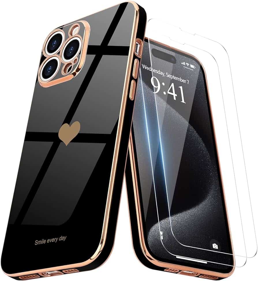 Teageo for iPhone 15 Pro Max Case with Screen Protector [2 Pack] Girl Women Cute Girly Love-Heart Luxury Gold Soft Cover Camera Protection Silicone Shockproof Phone Case iPhone 15 Pro Max, Black