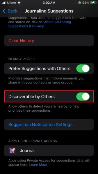 iOS 17 Discoverable by Others Journal app