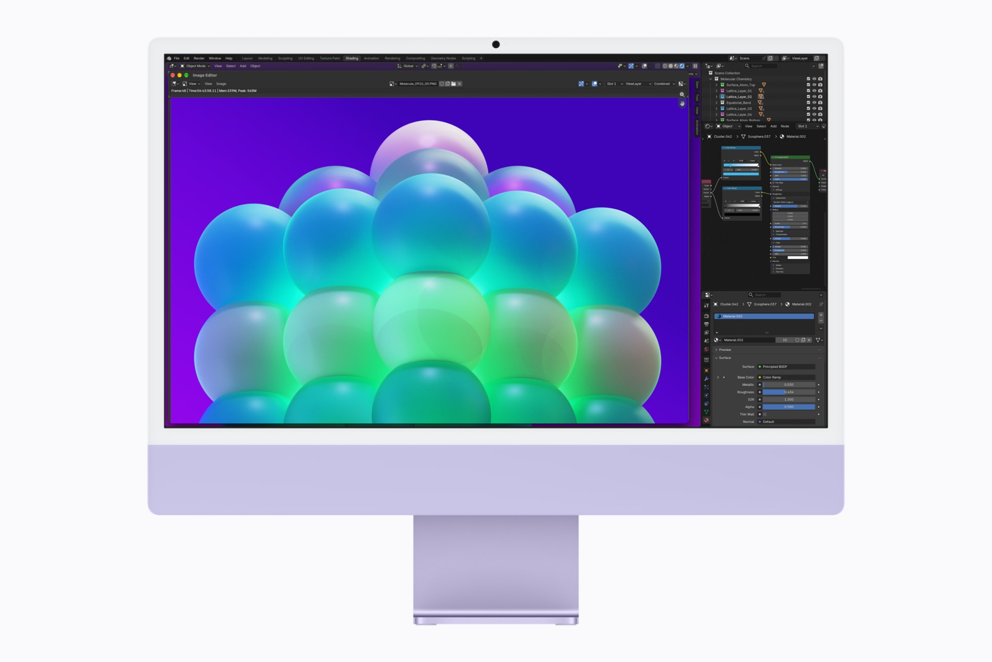 3D project in Blender on a purple iMac with M6