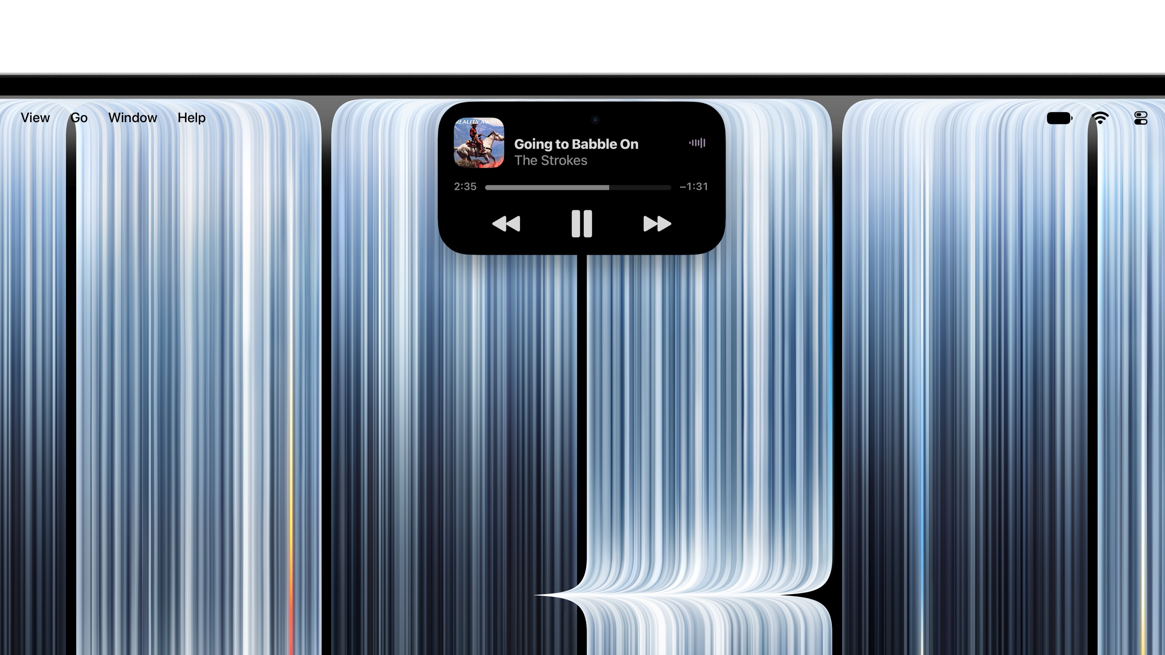 Dynamic Island on the MacBook Pro showing Apple Music playback controls for Going to Babble On by The Strokes