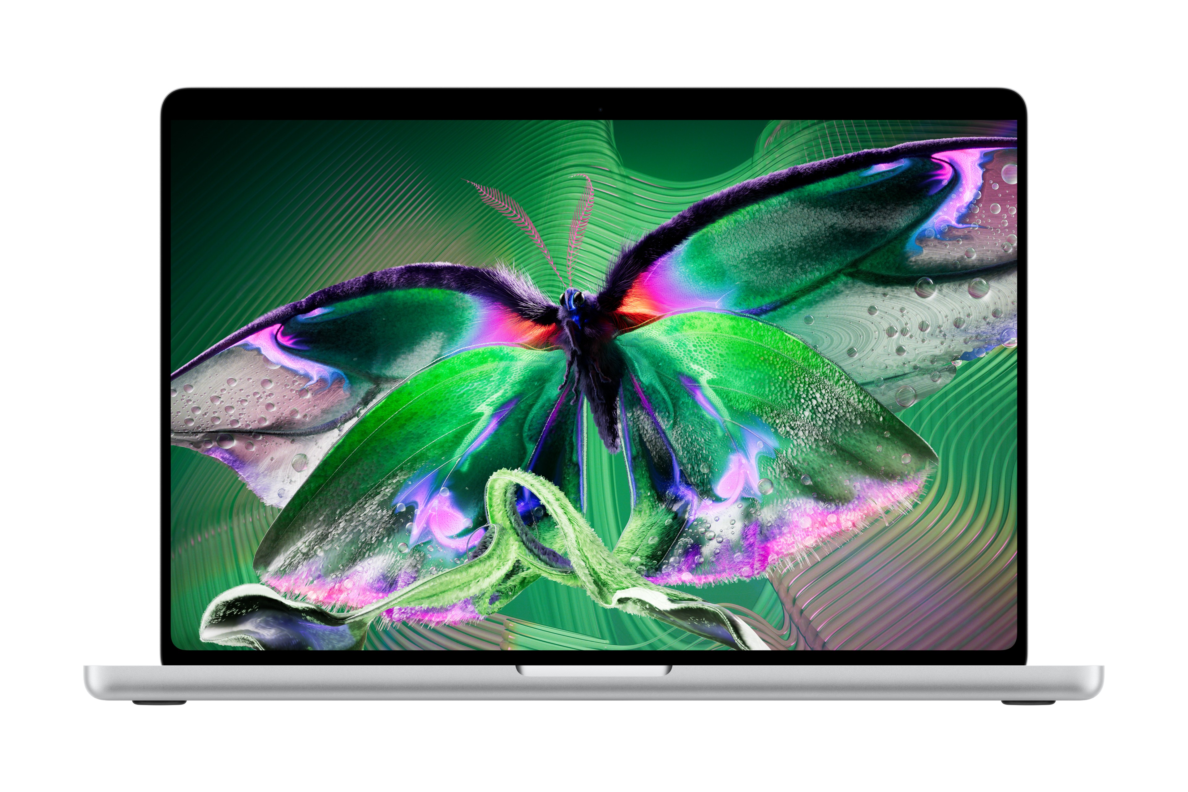 Silver MacBook Pro with PROLED XDR Display showing a vivid green and purple butterfly artwork in QuickTime Player