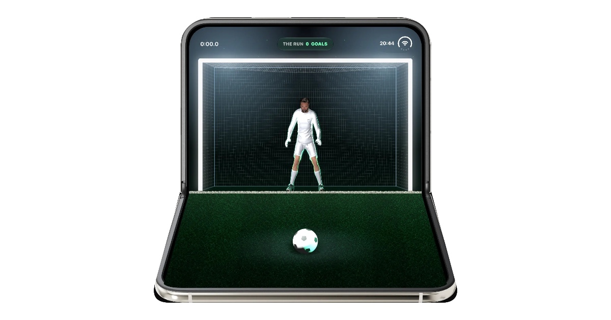Penalty Area Face2Face running on a partially folded iPhone Duo