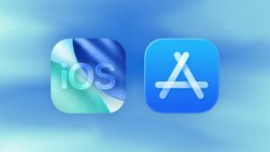 iOS and App Store icons on a blue background