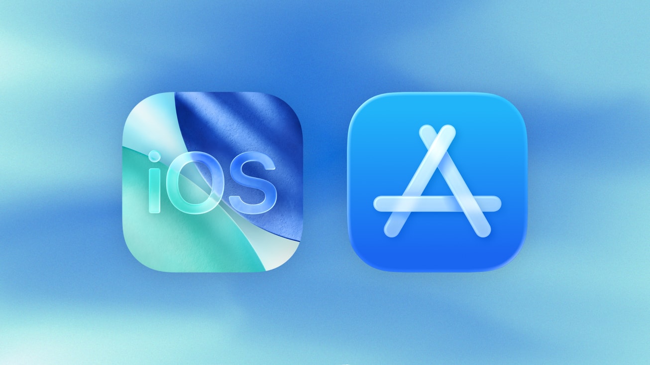 iOS and App Store icons on a blue background