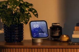 Apple HomeView sitting on a living room countertop