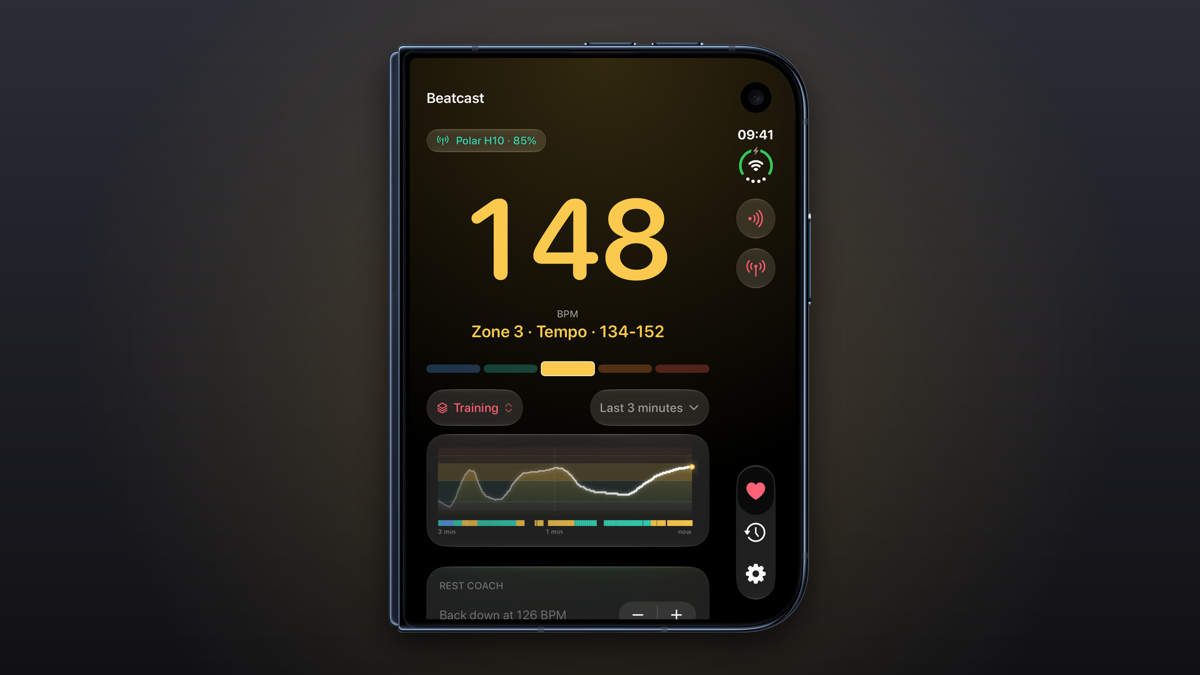 Beatcast Monitor on the closed iPhone Duo cover display showing 148 BPM in Zone 3 with a graph of the last three minutes