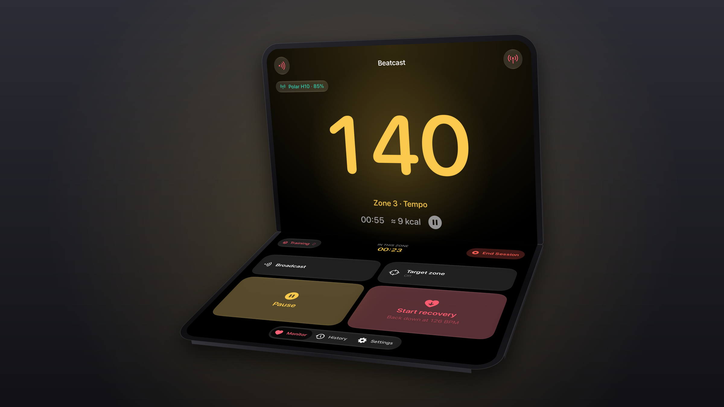 Beatcast heart rate app on a half-folded iPhone Duo showing a live 140 BPM reading in Zone 3