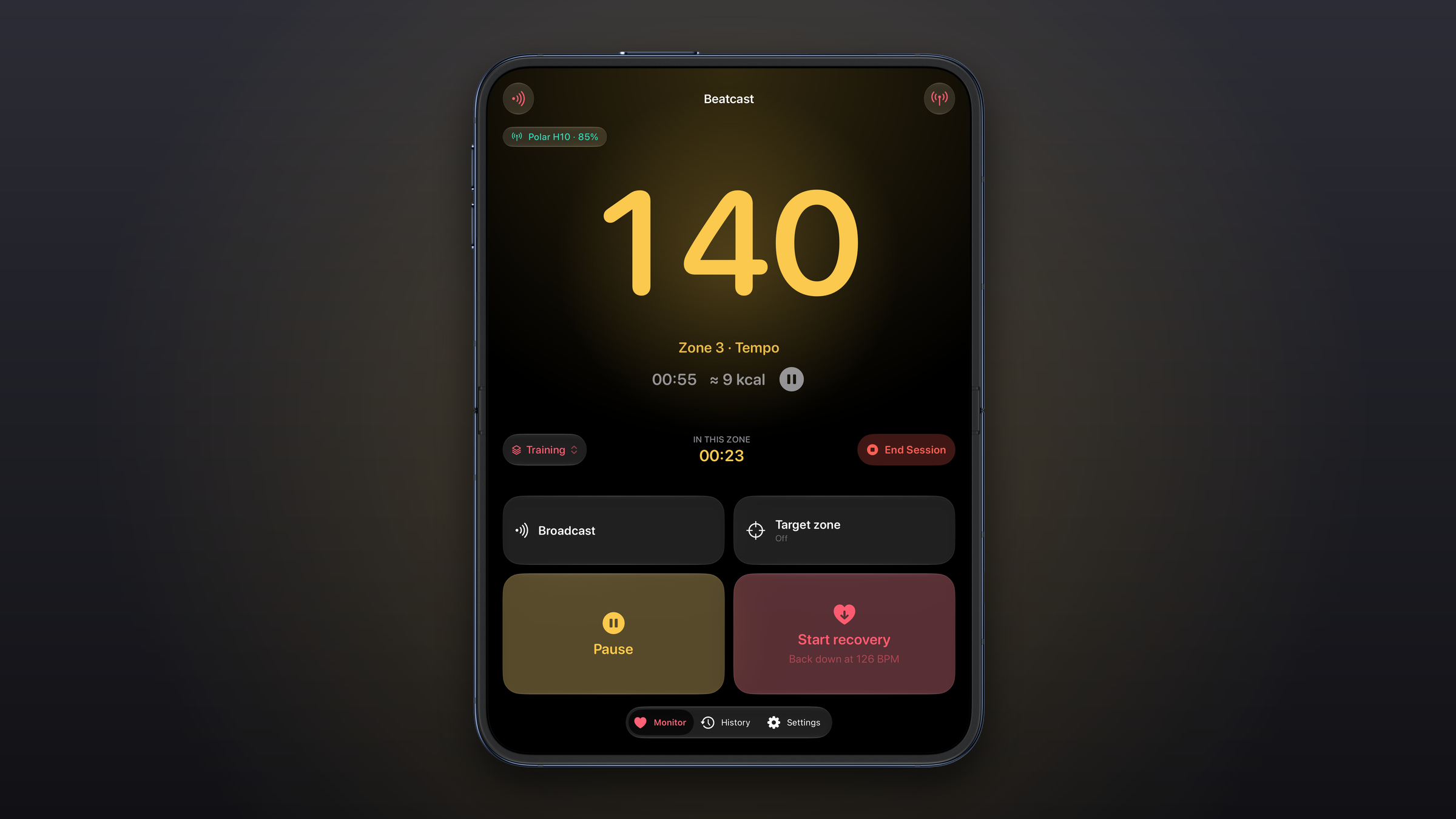 Beatcast Console on an unfolded iPhone Duo during a session showing 140 BPM in Zone 3 with tiles for Broadcast, Target zone, Pause and Start recovery