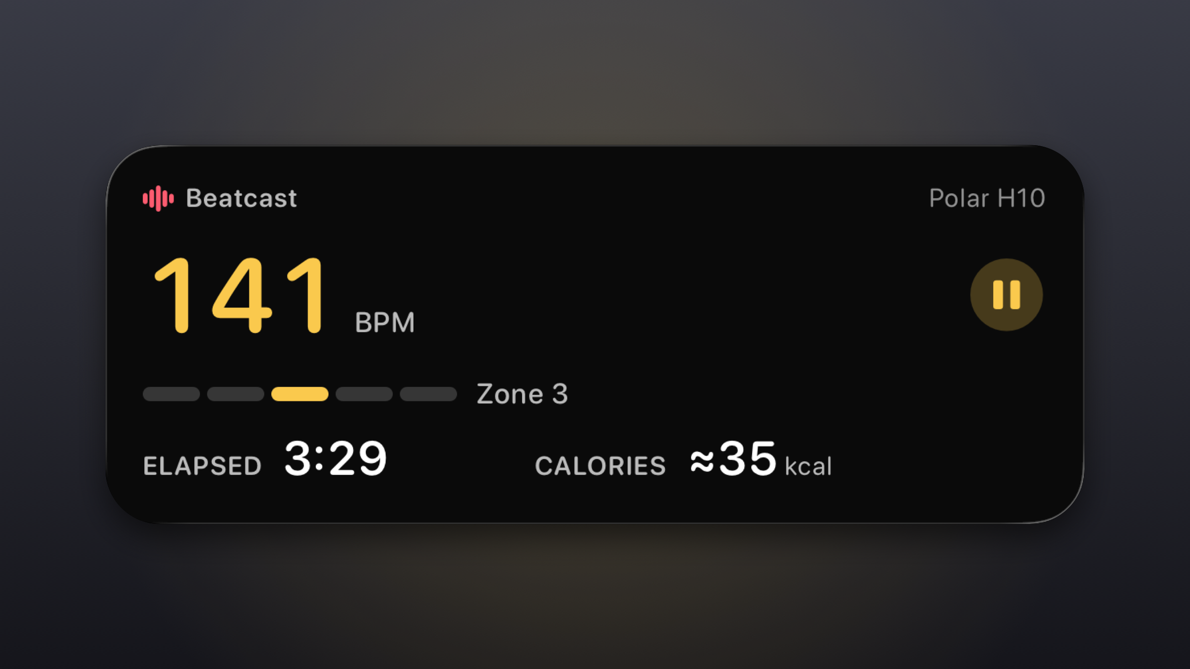 Beatcast Live Activity on the iPhone Lock Screen showing 141 BPM from a Polar H10 in Zone 3