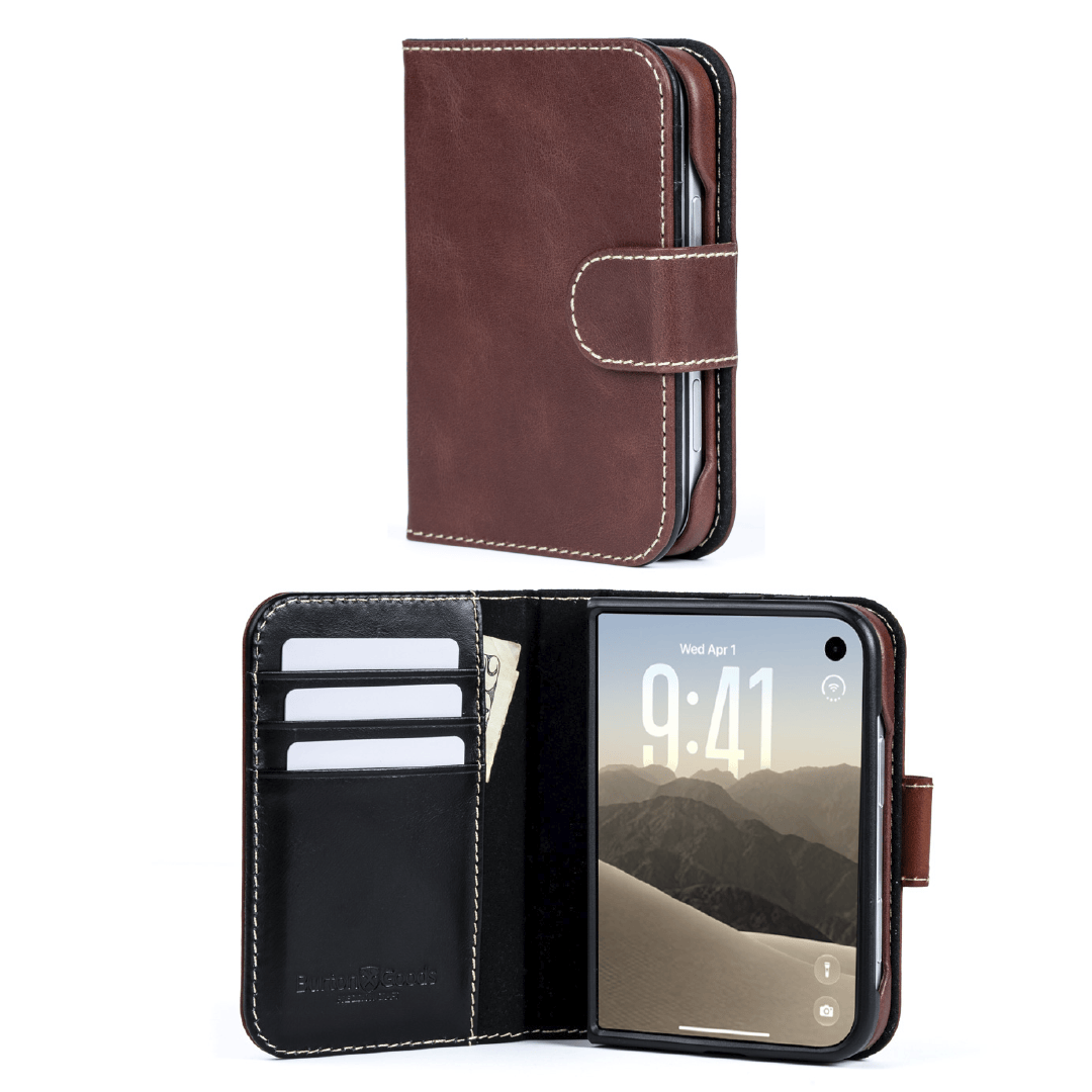 Burton Goods Pocket Book leather folio case for iPhone Duo in Mahogany