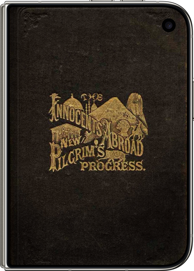 Closed iPhone Duo cover screen showing the first-edition cover of The Innocents Abroad in CalibReader