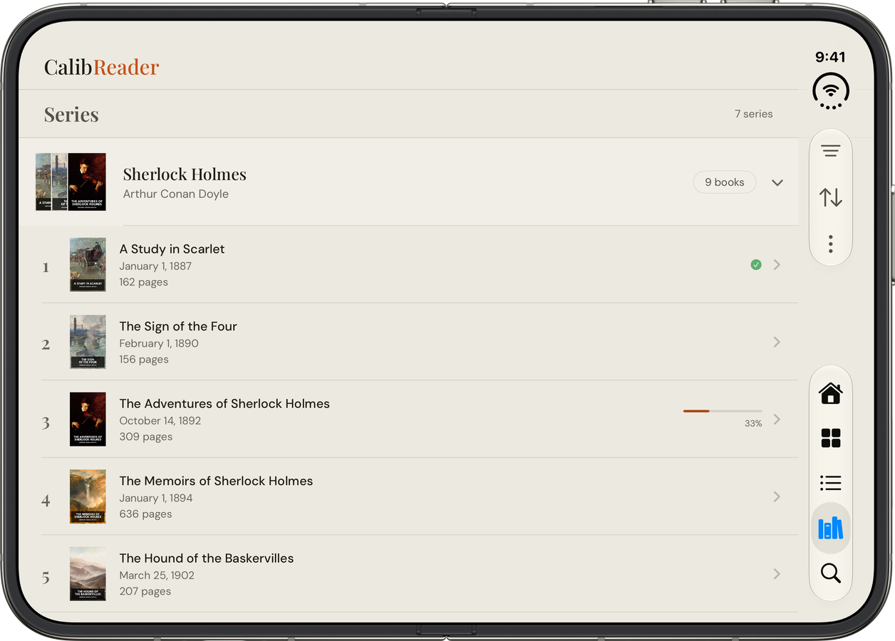 CalibReader Series view on the open iPhone Duo with Sherlock Holmes books and reading progress