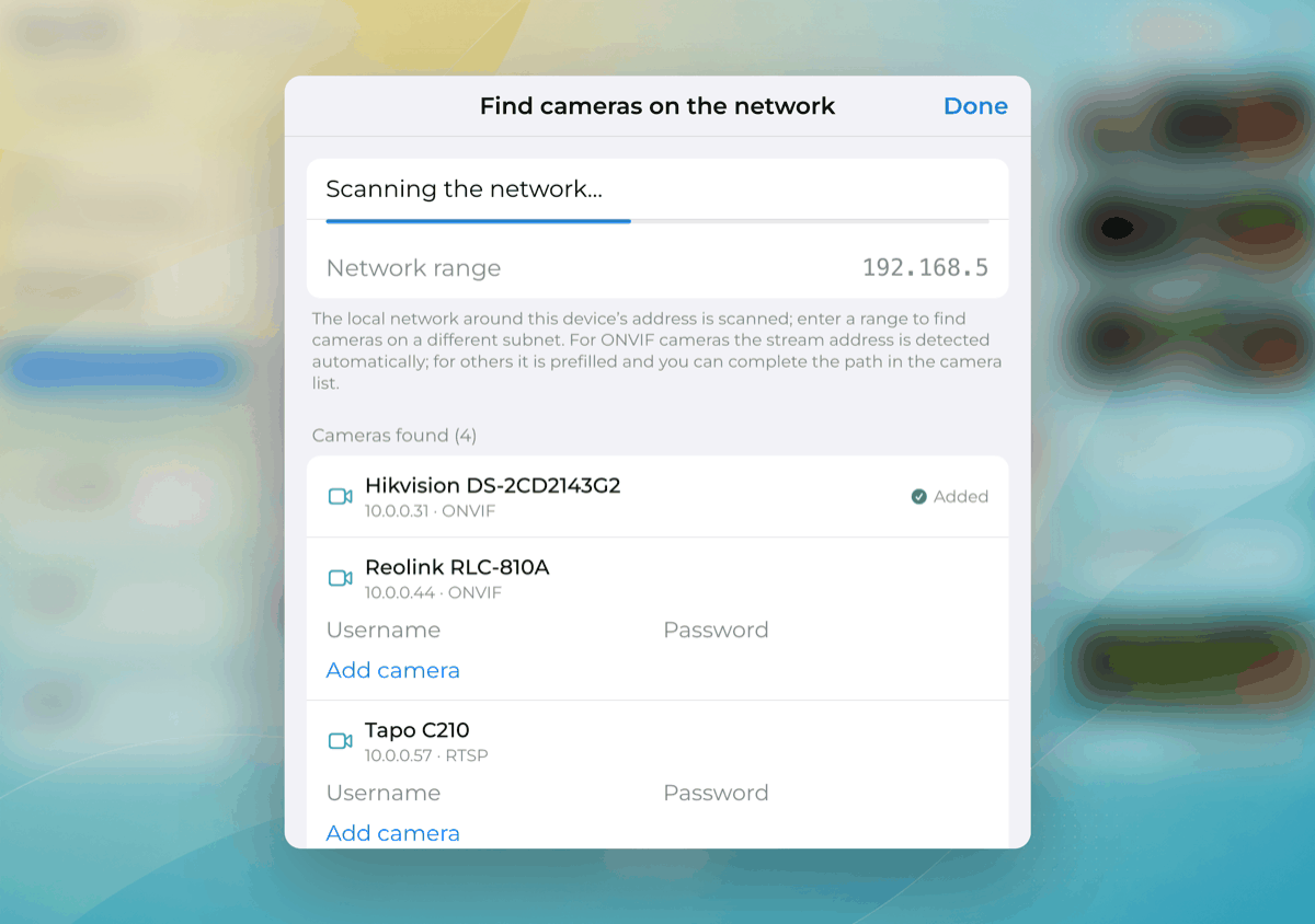 Dashboard: Smart Home and RTSP camera view on an unfolded iPhone Duo