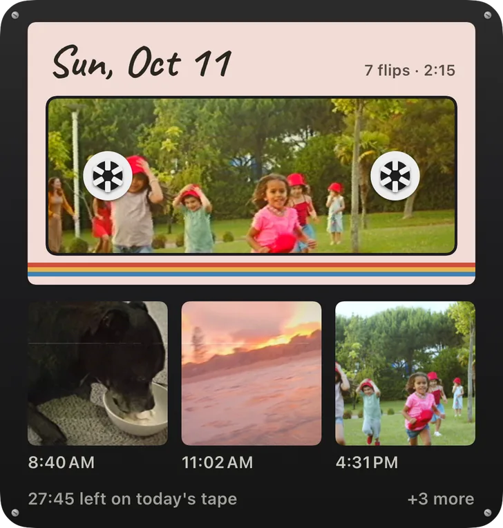 Flipcorder large Home Screen widget showing today's tape as a cassette with a flip in its window