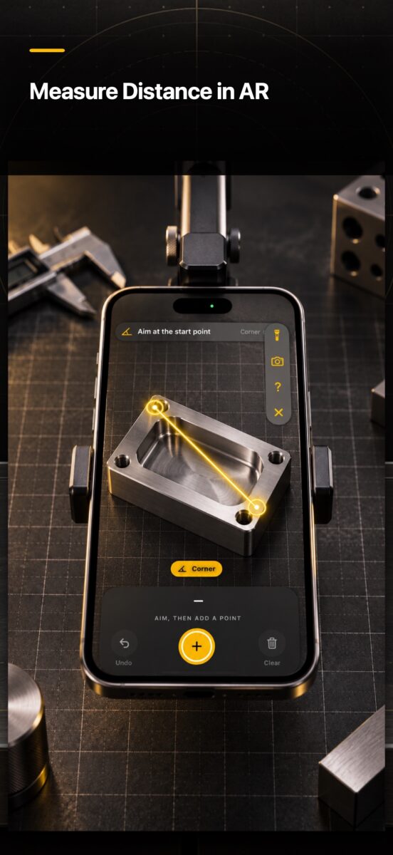 Hinge Angle Meter AR Distance tool measuring the distance between two points in the camera view