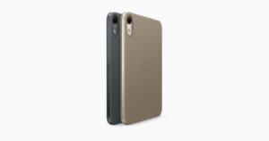 Two iPad mini devices in a navy blue Smart Folio and a taupe Smart Folio