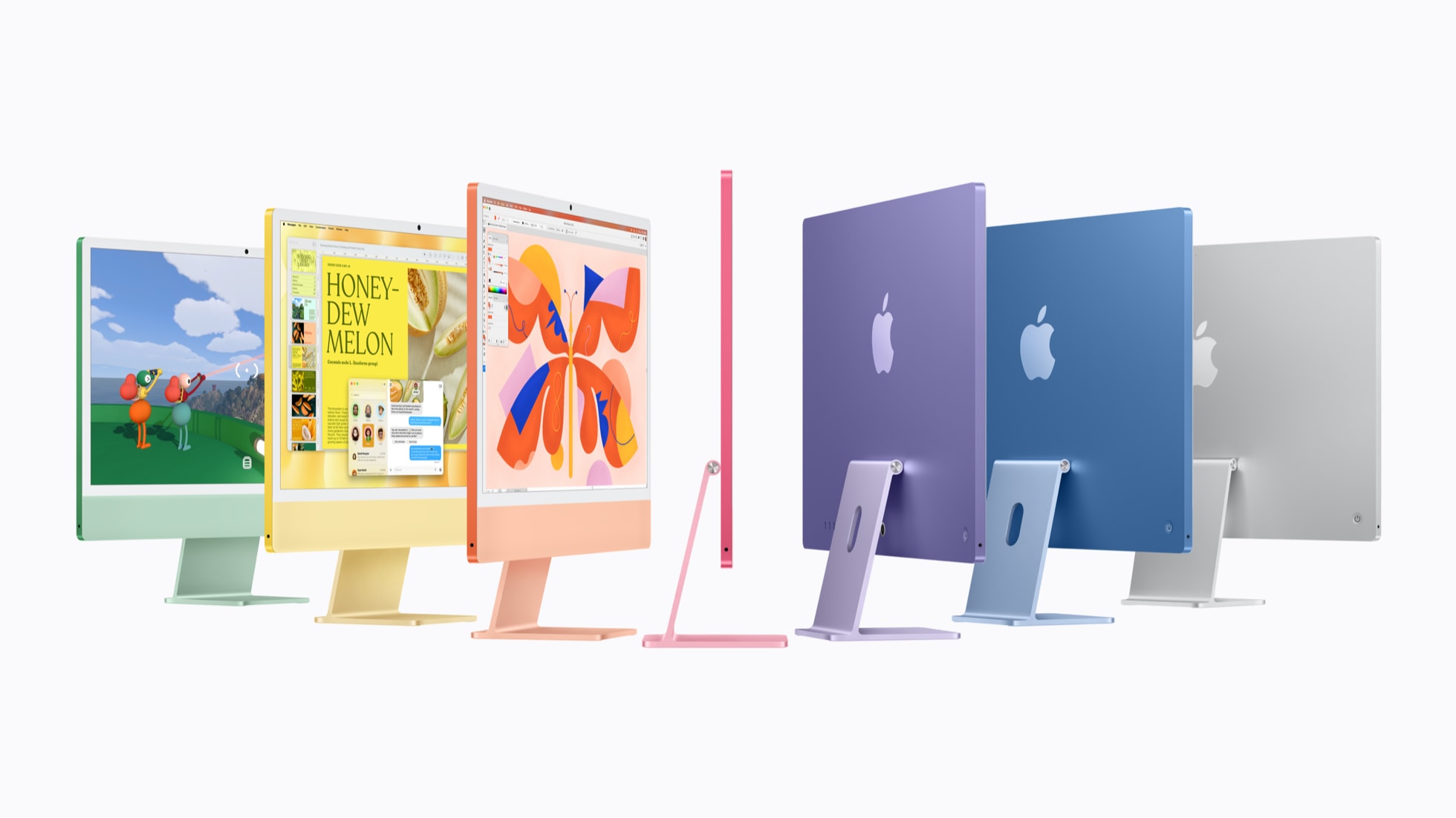 iMac with M6 in green, yellow, orange, pink, purple, blue and silver