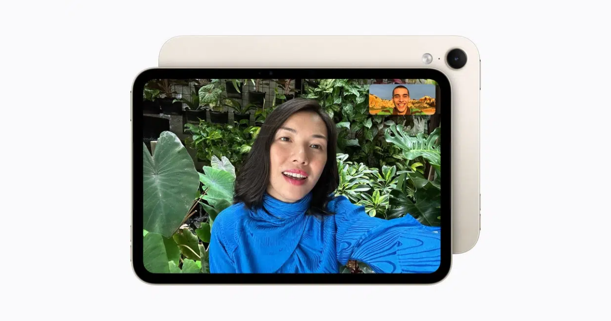 A FaceTime call on the new iPad mini in starlight with N1 Wi-Fi 7 and C2 cellular connectivity