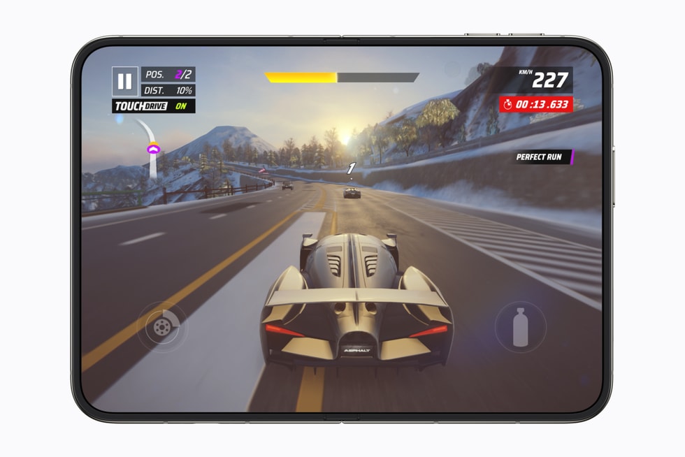Asphalt Legends racing game filling the inner display of iPhone Duo